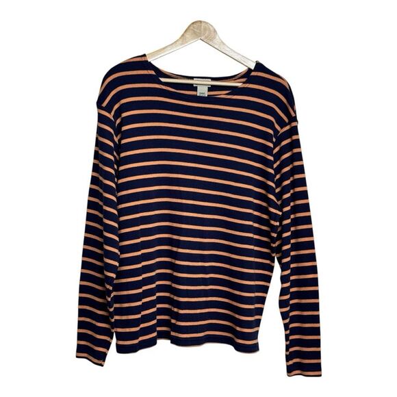 L.L Bean Women Top XL navy Blue Orange Stripe Preppy Nautical Ribbed Cotton Shir - Picture 1 of 6